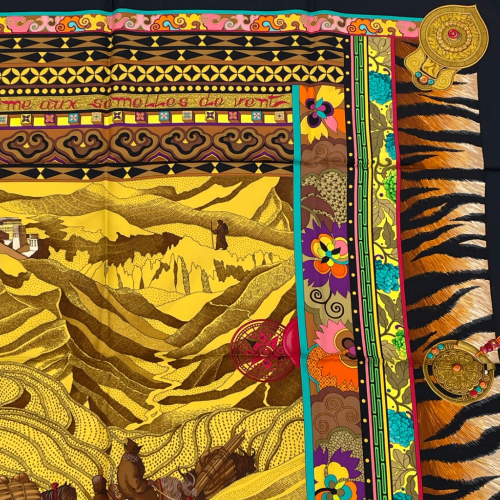 Hermes Carre 90 la Femme Aux Woman With Wind Footpads Scarf Black Multicolor