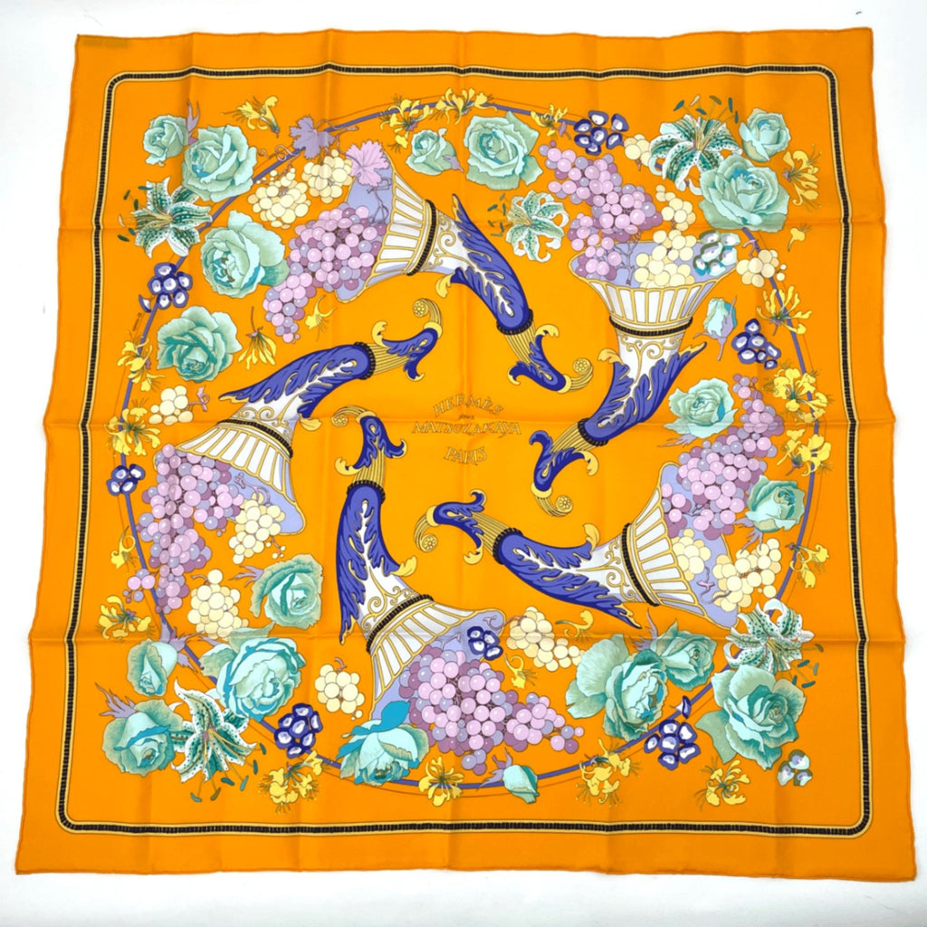 Hermes Carre 90 Scarf Silk Matsuzakaya Limited Grape Flower Orange