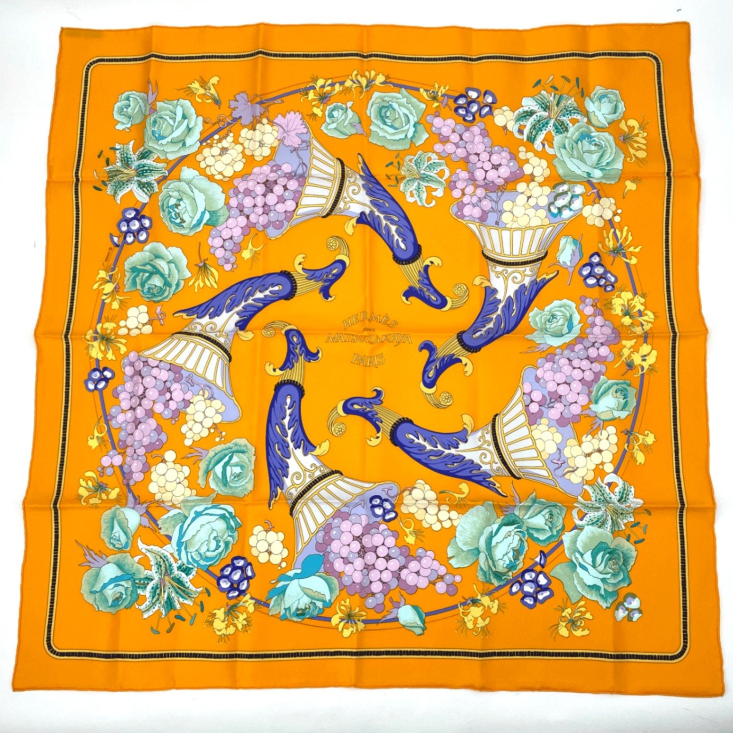 Hermes Carre 90 Scarf Silk Matsuzakaya Limited Grape Flower Orange