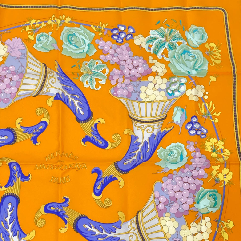Hermes Carre 90 Scarf Silk Matsuzakaya Limited Grape Flower Orange