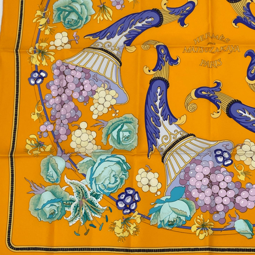 Hermes Carre 90 Scarf Silk Matsuzakaya Limited Grape Flower Orange