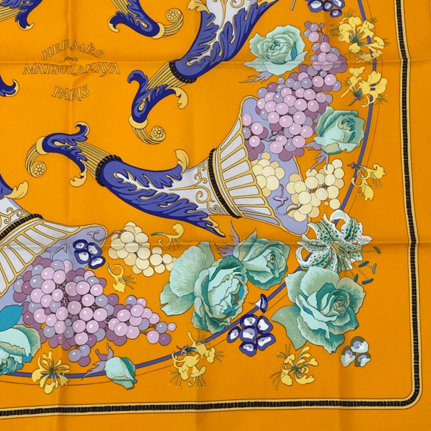 Hermes Carre 90 Scarf Silk Matsuzakaya Limited Grape Flower Orange