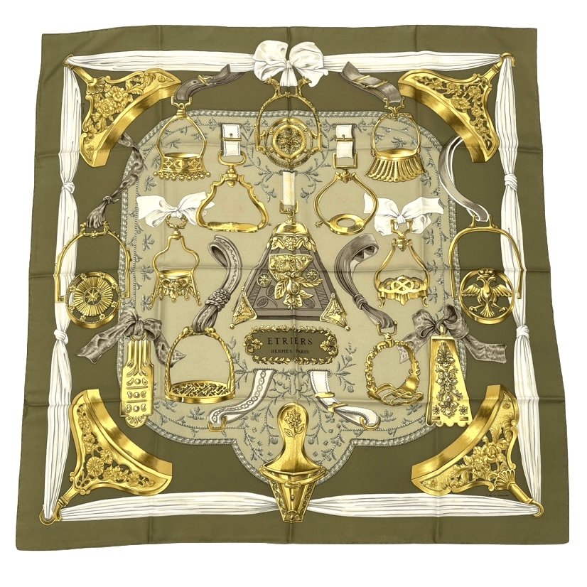 Hermes Carre 90 Etriers Stirrup Pattern Harness Scarf Silk Brown