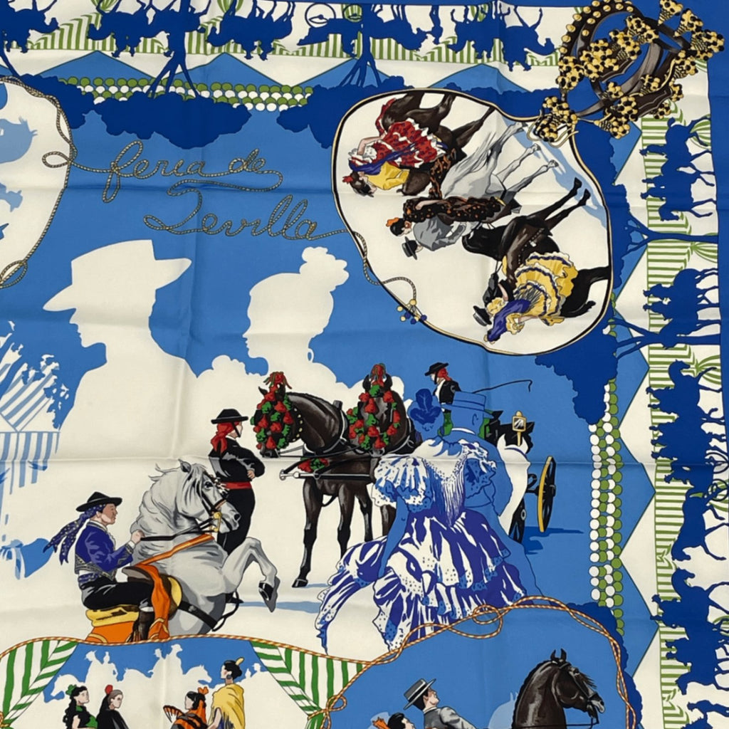 Hermes Scarf Carre 90 Feria de Sevilla Holidays In Seville Silk 100% Blue