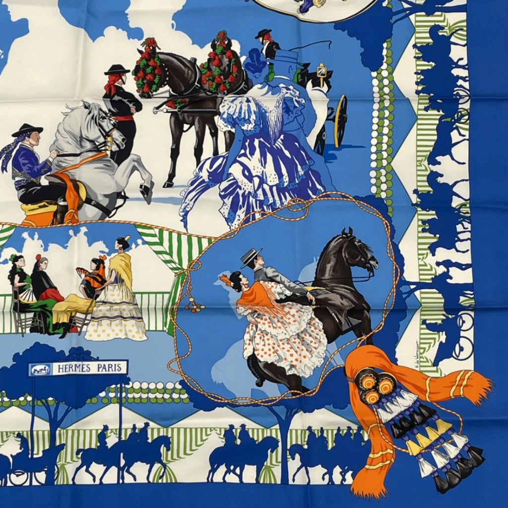 Hermes Scarf Carre 90 Feria de Sevilla Holidays In Seville Silk 100% Blue