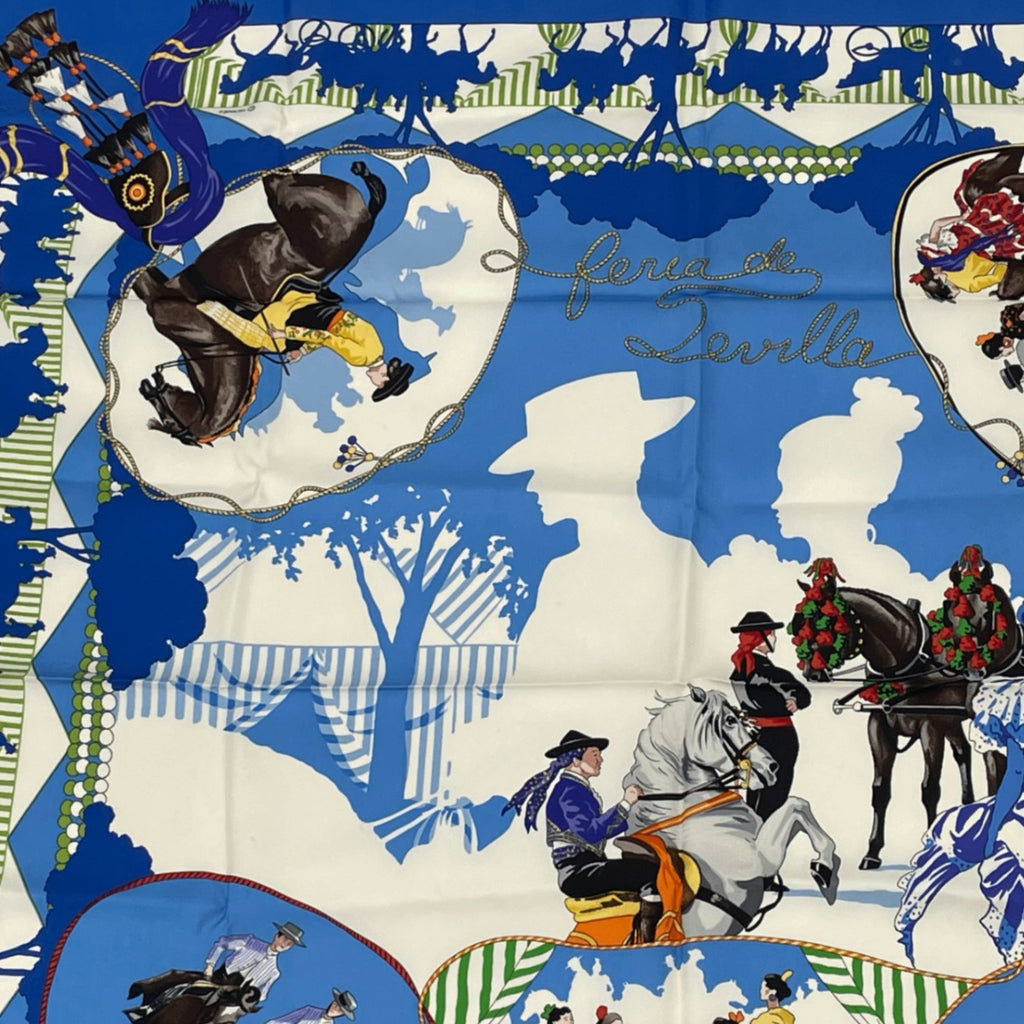 Hermes Scarf Carre 90 Feria de Sevilla Holidays In Seville Silk 100% Blue