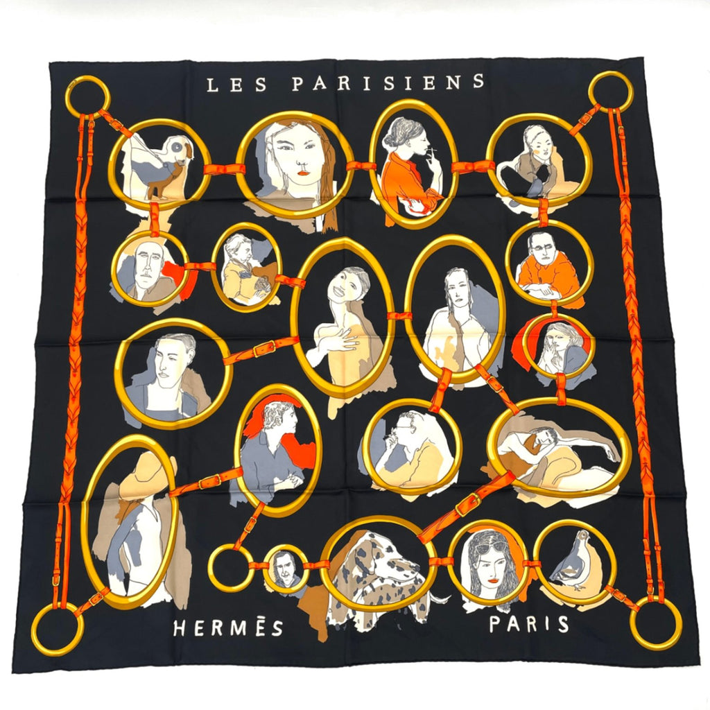 Hermes Carre 90 Scarf Silk Les Parisiens Black Gold