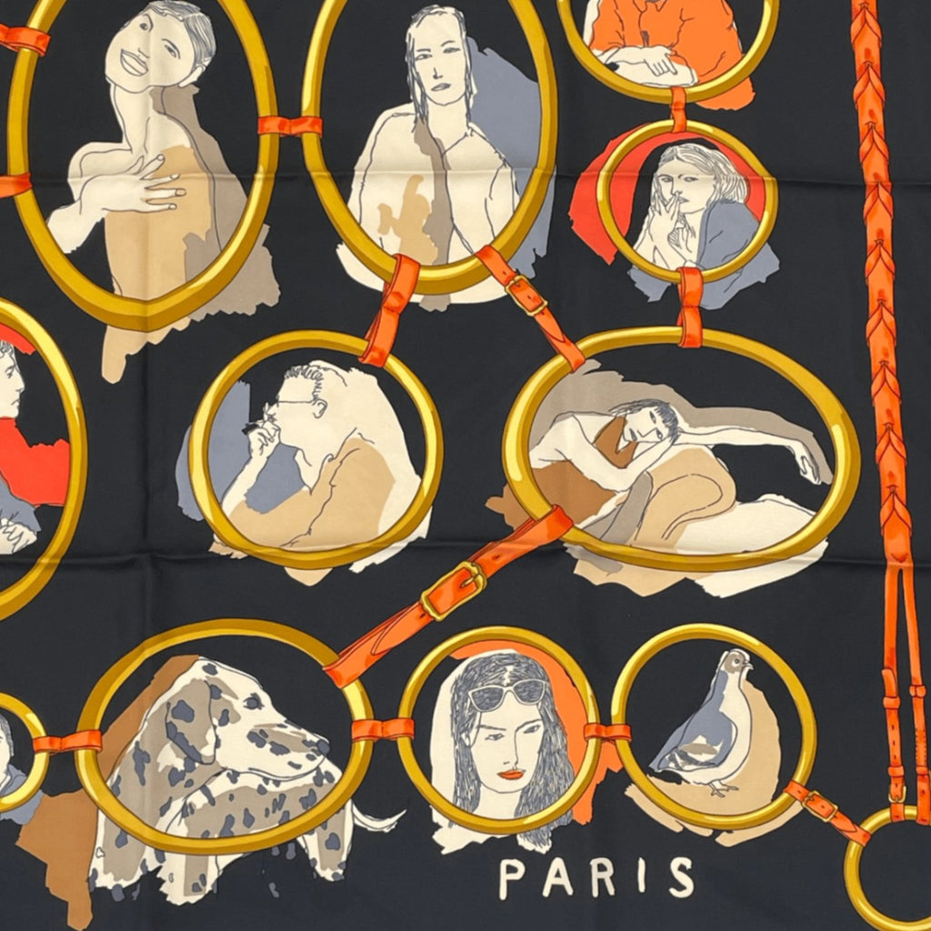 Hermes Carre 90 Scarf Silk Les Parisiens Black Gold
