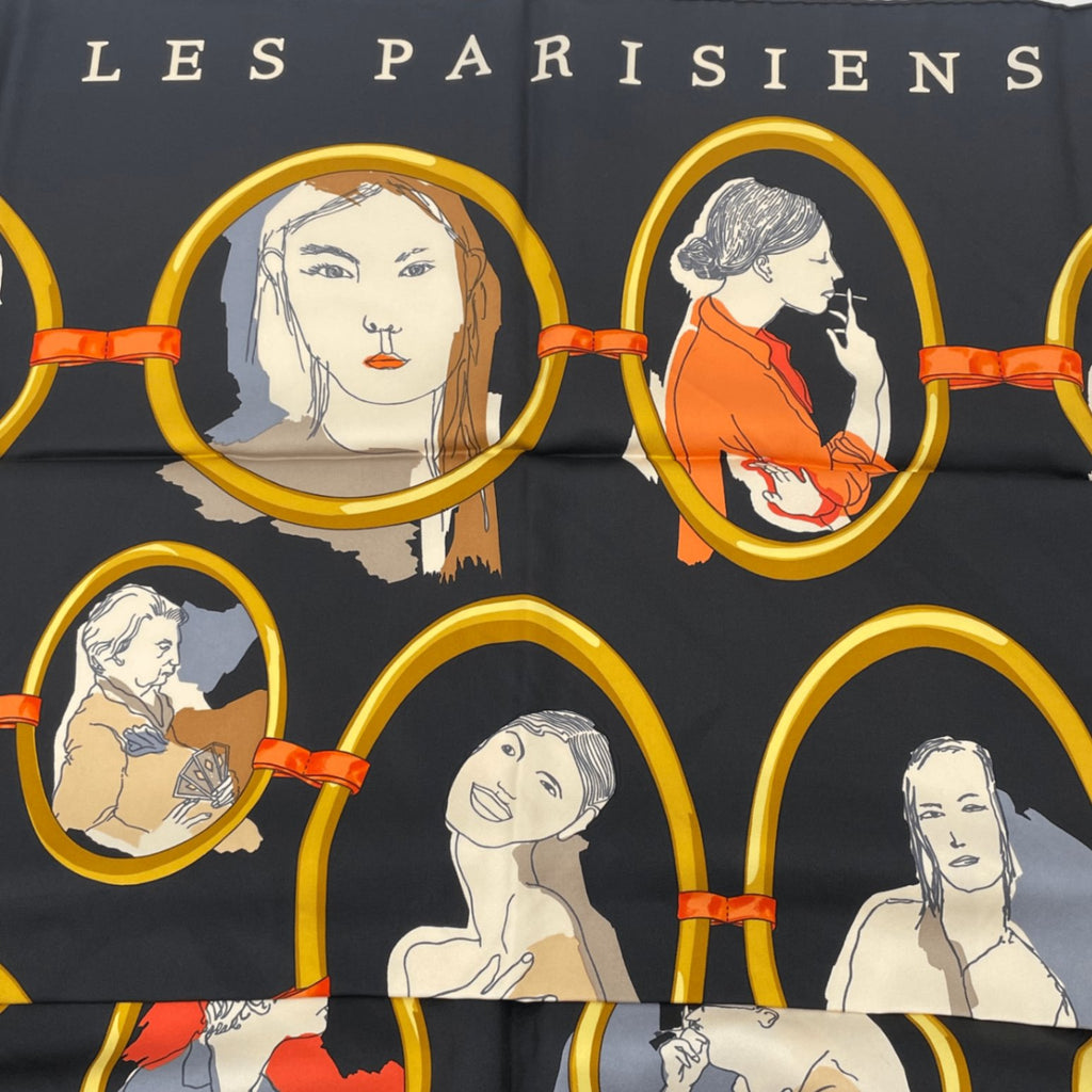 Hermes Carre 90 Scarf Silk Les Parisiens Black Gold