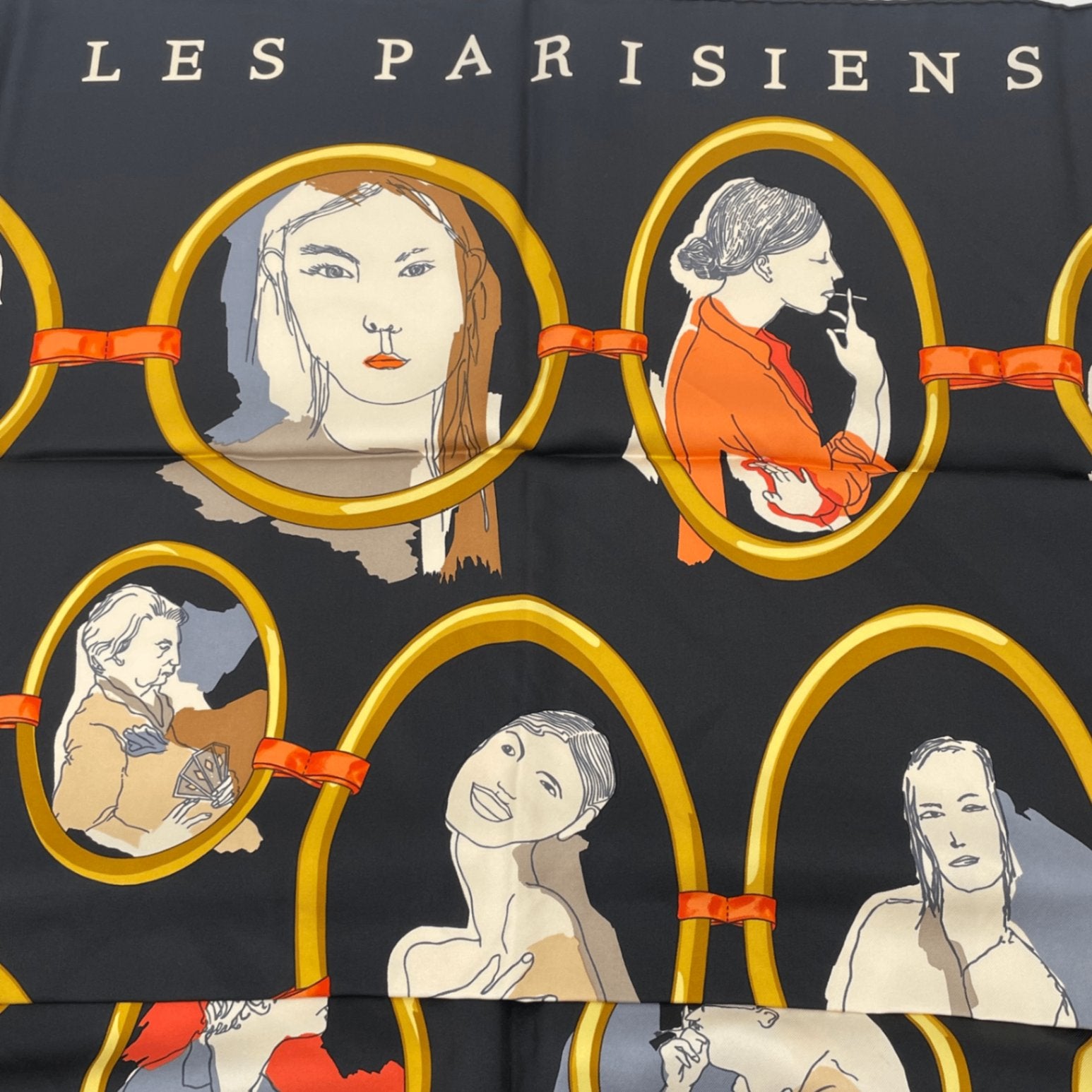 Hermes Carre 90 Scarf Silk Les Parisiens Black Gold