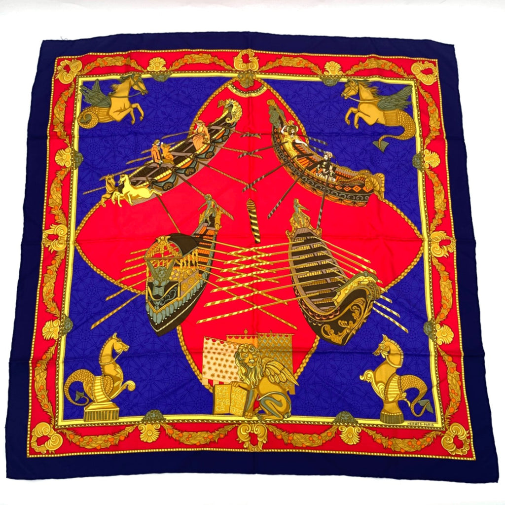 Hermes Scarf Carre 90 Silk Les Bissone de Venise Venice Ship Festival Red Blue