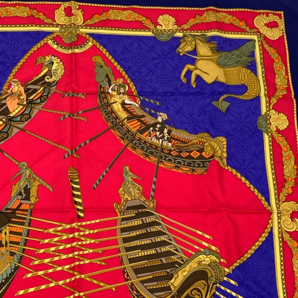 Hermes Scarf Carre 90 Silk Les Bissone de Venise Venice Ship Festival Red Blue