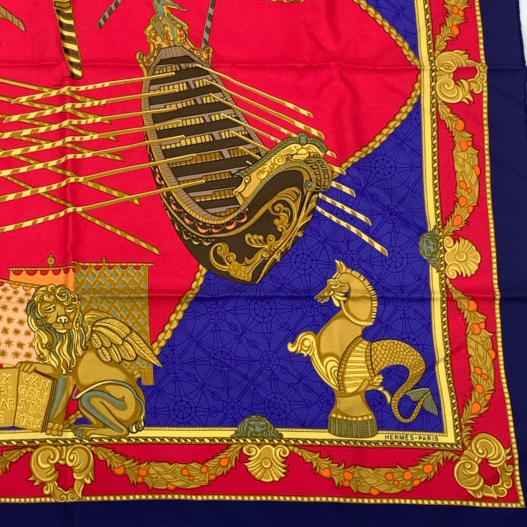 Hermes Scarf Carre 90 Silk Les Bissone de Venise Venice Ship Festival Red Blue