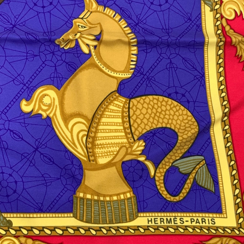 Hermes Scarf Carre 90 Silk Les Bissone de Venise Venice Ship Festival Red Blue