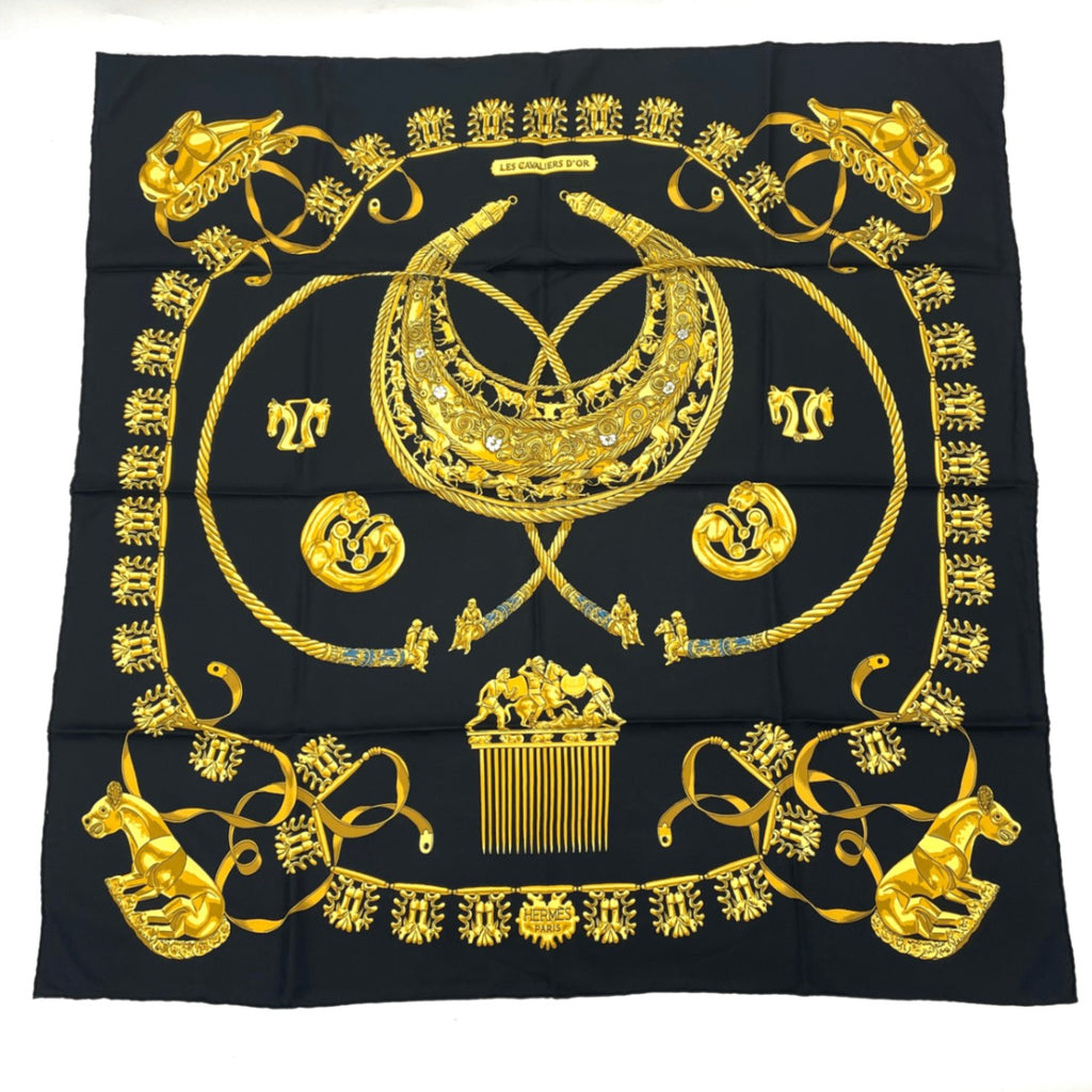 Hermes Carre 90 Les Cavaliers D'or Yellow Gold Knight Scarf Silk Black