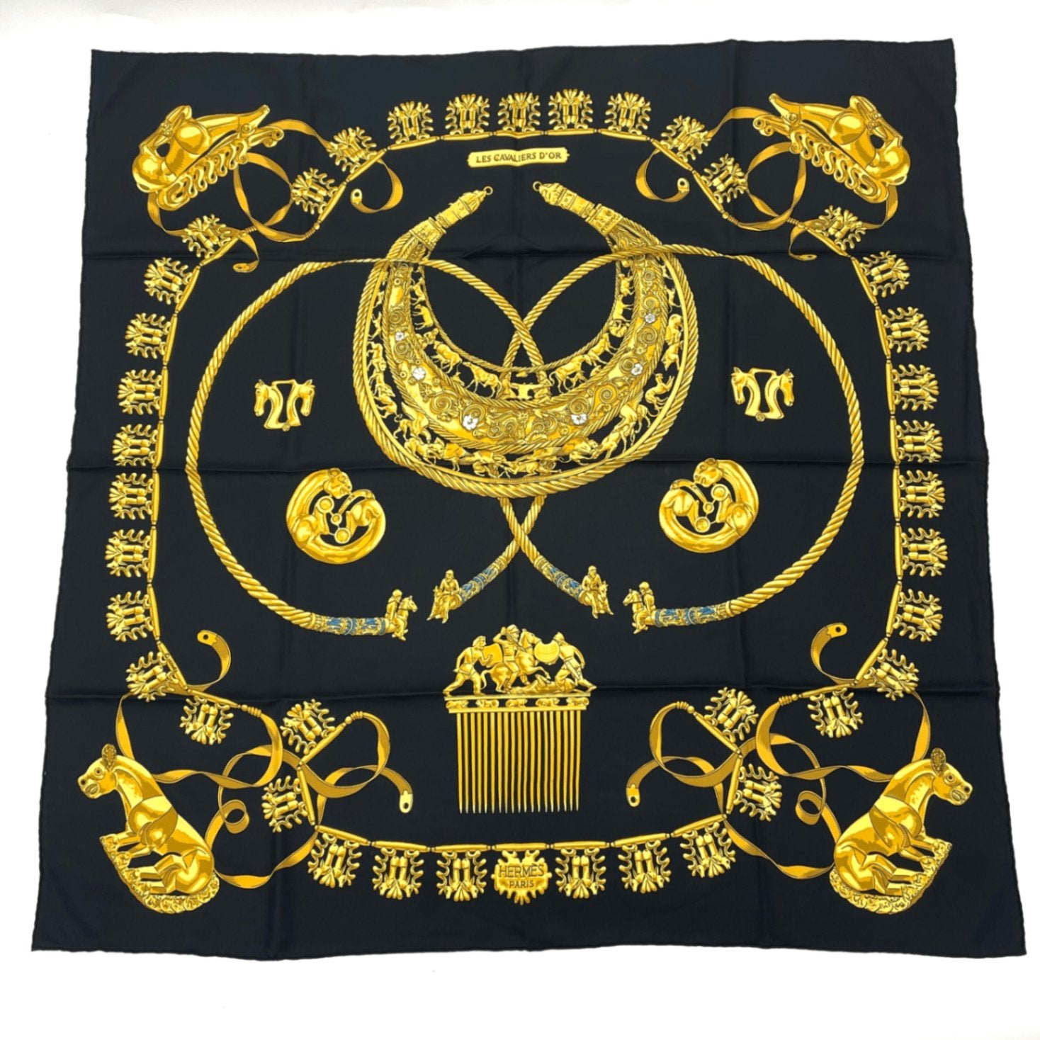 Hermes Carre 90 Les Cavaliers D'or Yellow Gold Knight Scarf Silk Black
