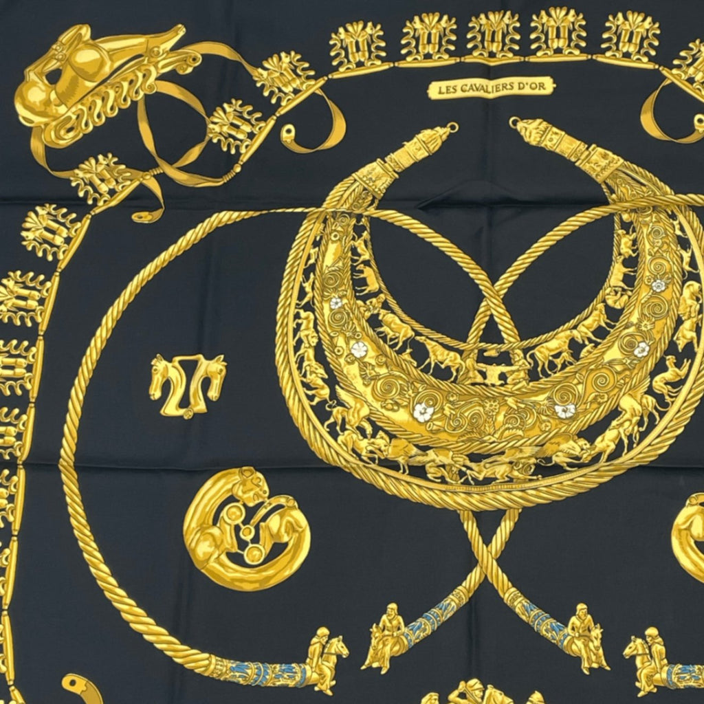 Hermes Carre 90 Les Cavaliers D'or Yellow Gold Knight Scarf Silk Black