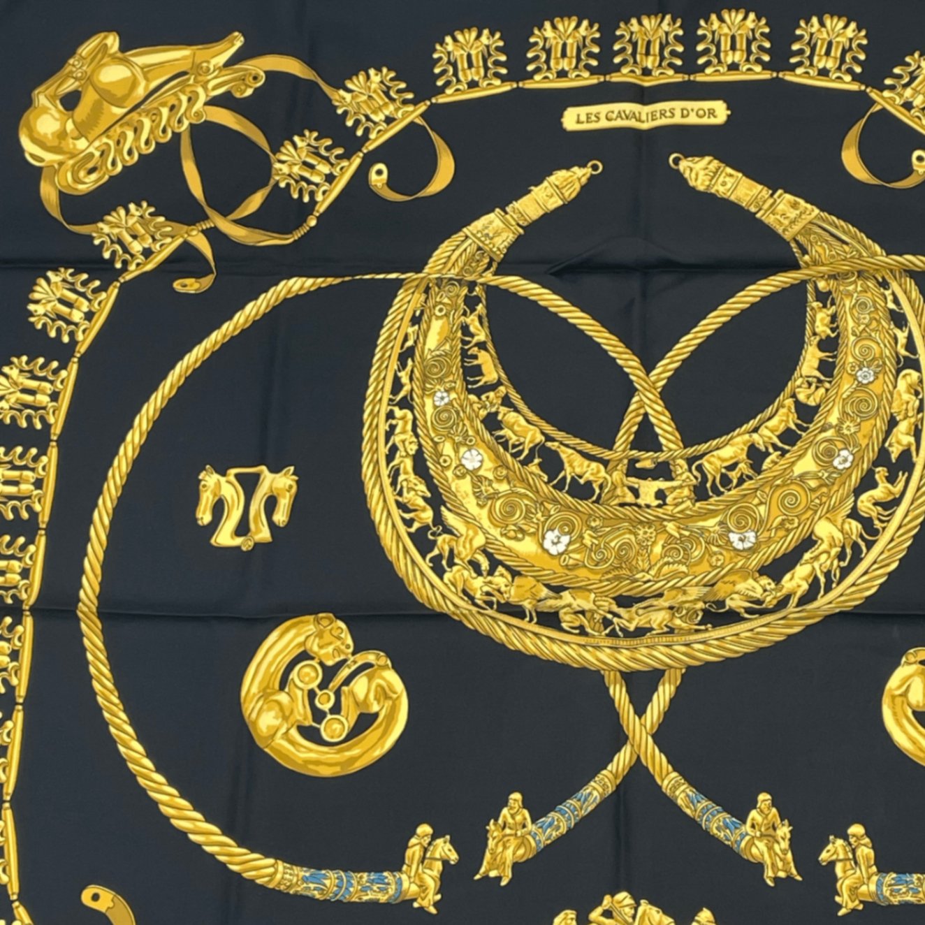 Hermes Carre 90 Les Cavaliers D'or Yellow Gold Knight Scarf Silk Black