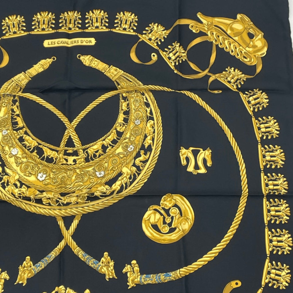 Hermes Carre 90 Les Cavaliers D'or Yellow Gold Knight Scarf Silk Black