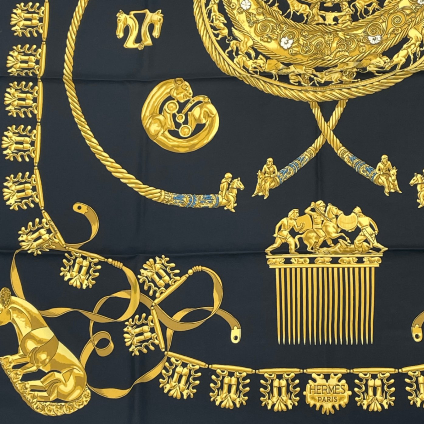 Hermes Carre 90 Les Cavaliers D'or Yellow Gold Knight Scarf Silk Black