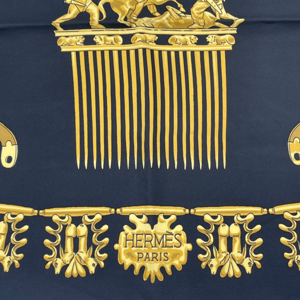 Hermes Carre 90 Les Cavaliers D'or Yellow Gold Knight Scarf Silk Black