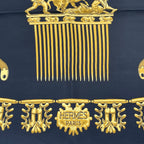 Hermes Carre 90 Les Cavaliers D'or Yellow Gold Knight Scarf Silk Black