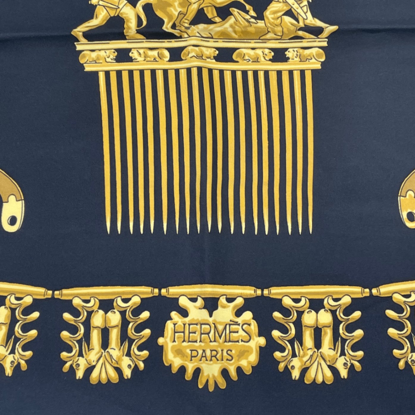 Hermes Carre 90 Les Cavaliers D'or Yellow Gold Knight Scarf Silk Black