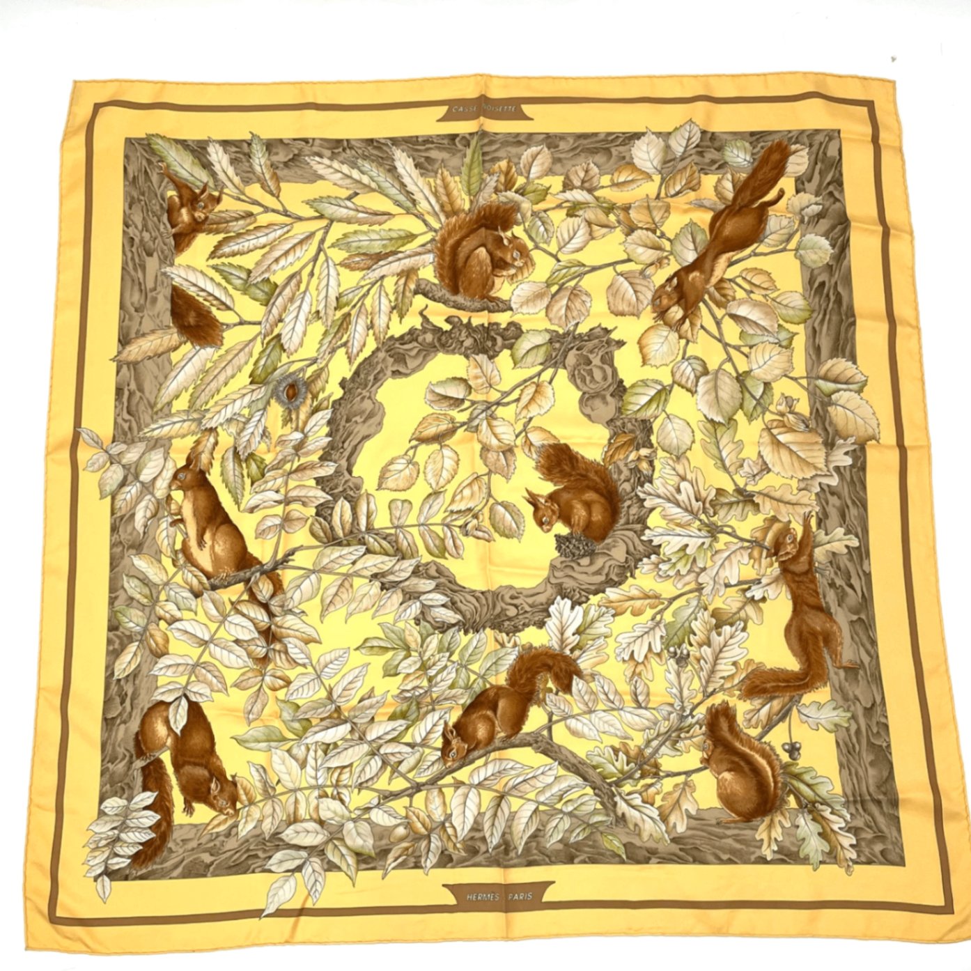 Hermes Carre 90 Casse Noisette Nutcracker Squirrel Pattern Nut Scarf Silk Yellow