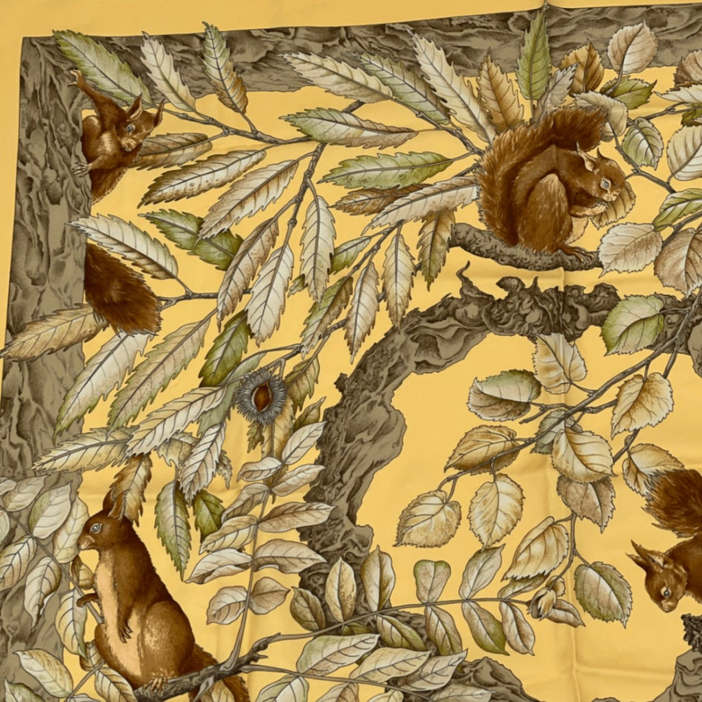 Hermes Carre 90 Casse Noisette Nutcracker Squirrel Pattern Nut Scarf Silk Yellow