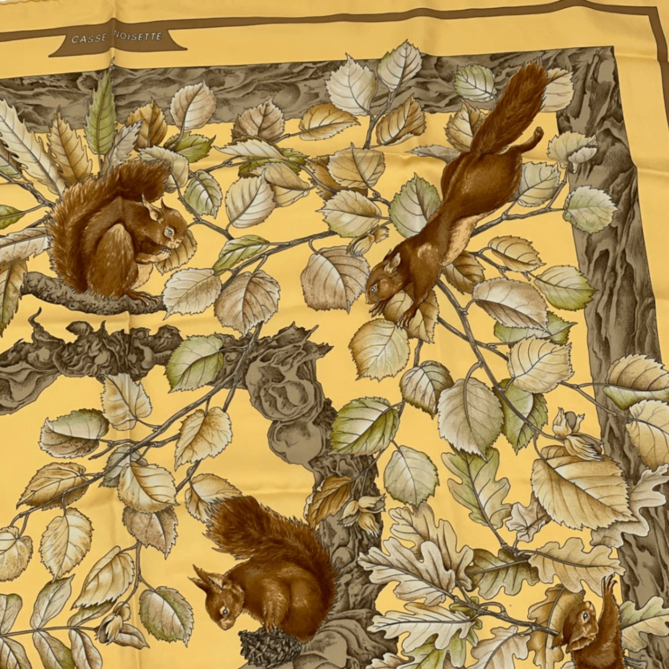 Hermes Carre 90 Casse Noisette Nutcracker Squirrel Pattern Nut Scarf Silk Yellow