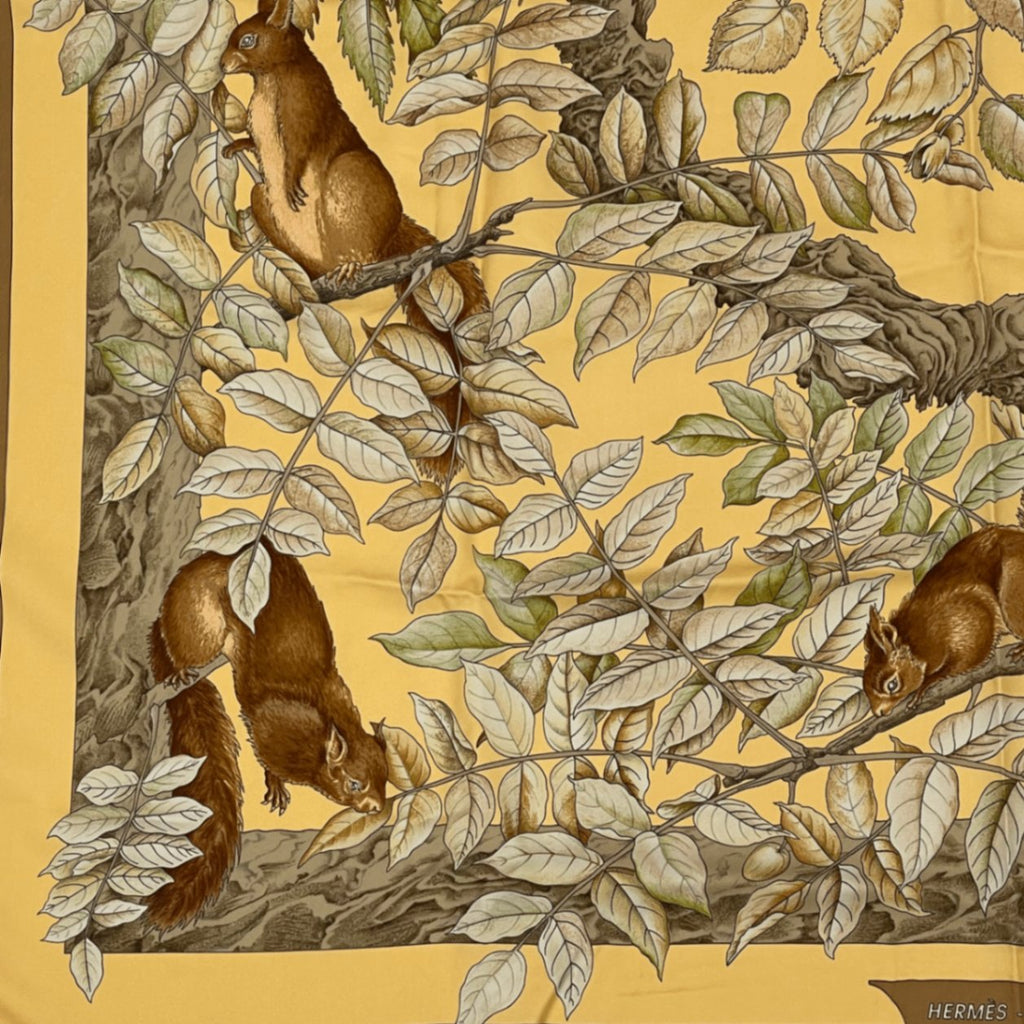 Hermes Carre 90 Casse Noisette Nutcracker Squirrel Pattern Nut Scarf Silk Yellow