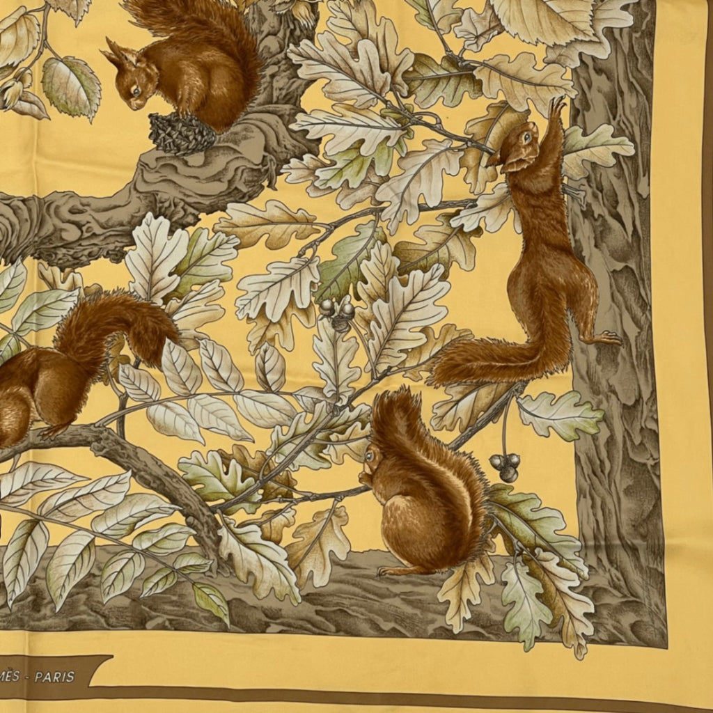 Hermes Carre 90 Casse Noisette Nutcracker Squirrel Pattern Nut Scarf Silk Yellow