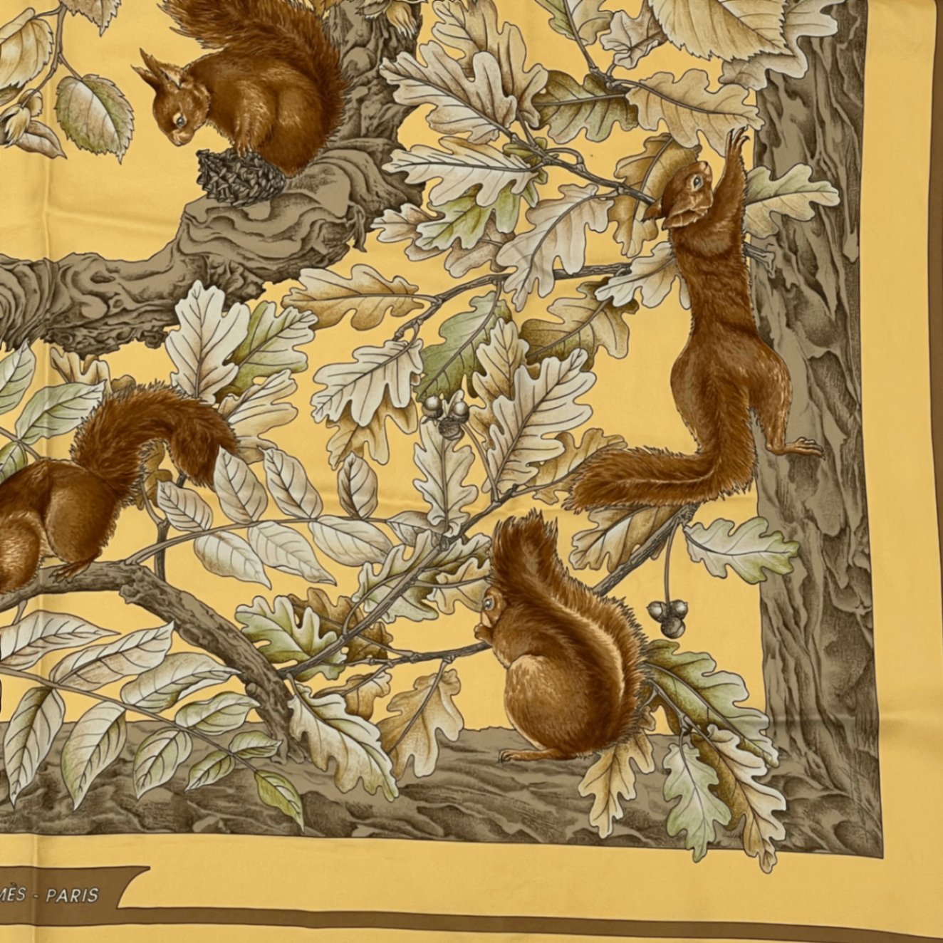 Hermes Carre 90 Casse Noisette Nutcracker Squirrel Pattern Nut Scarf Silk Yellow