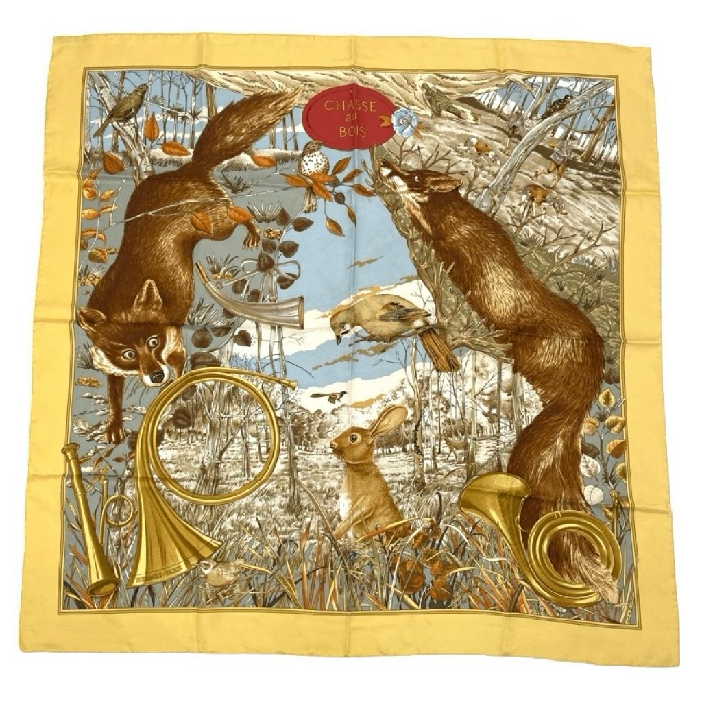 Hermes Carre 90 Chasse Au Bois Forest Hunting Yellow Scarf Silk
