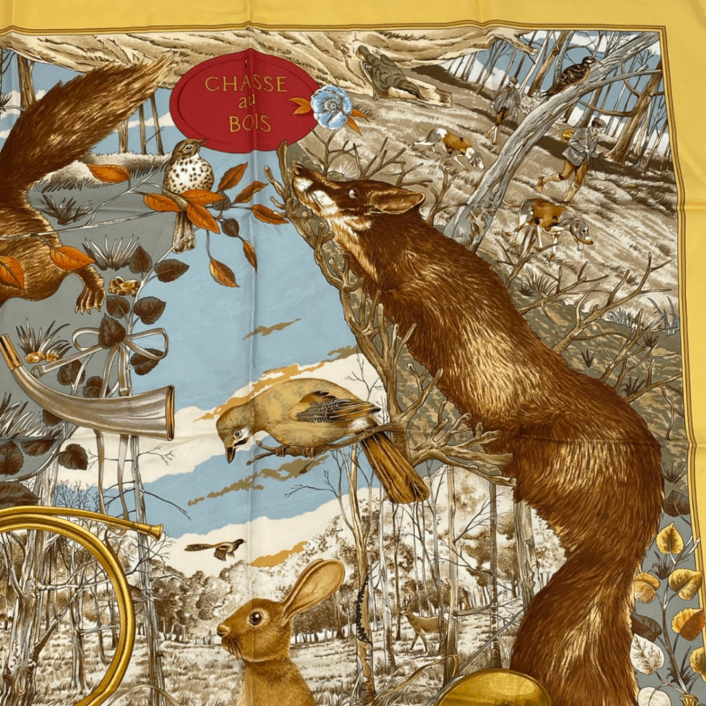 Hermes Carre 90 Chasse Au Bois Forest Hunting Yellow Scarf Silk