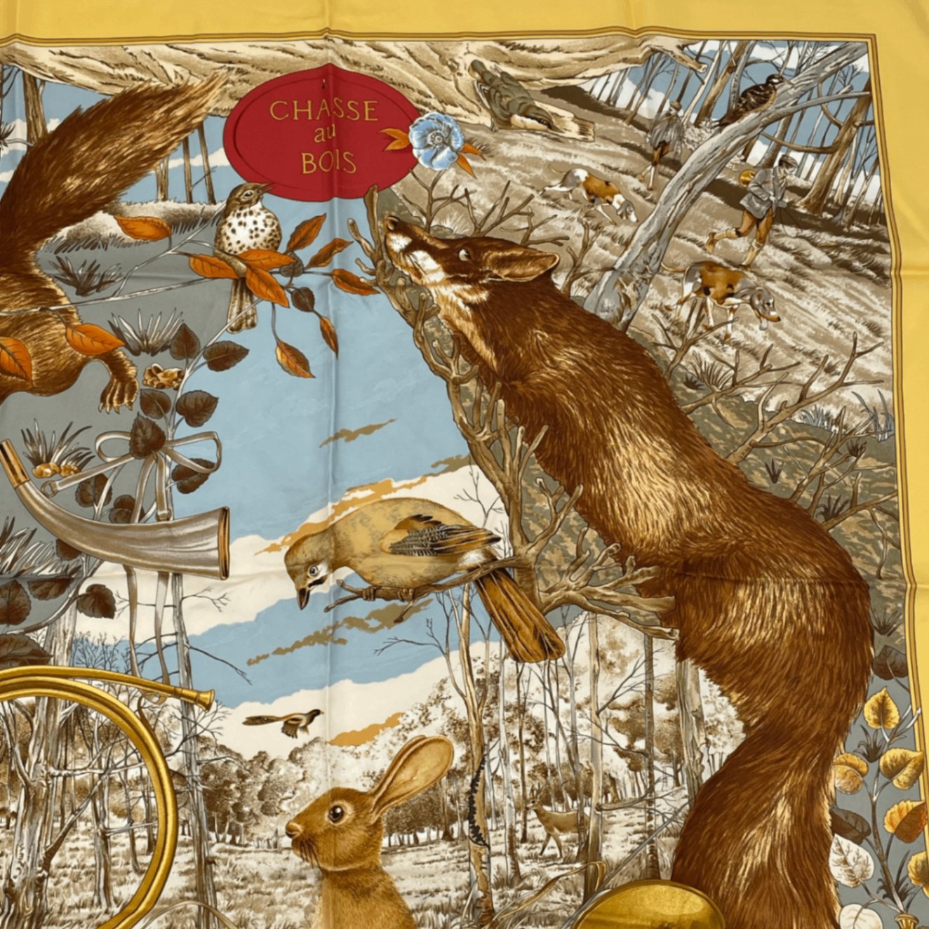 Hermes Carre 90 Chasse Au Bois Forest Hunting Yellow Scarf Silk