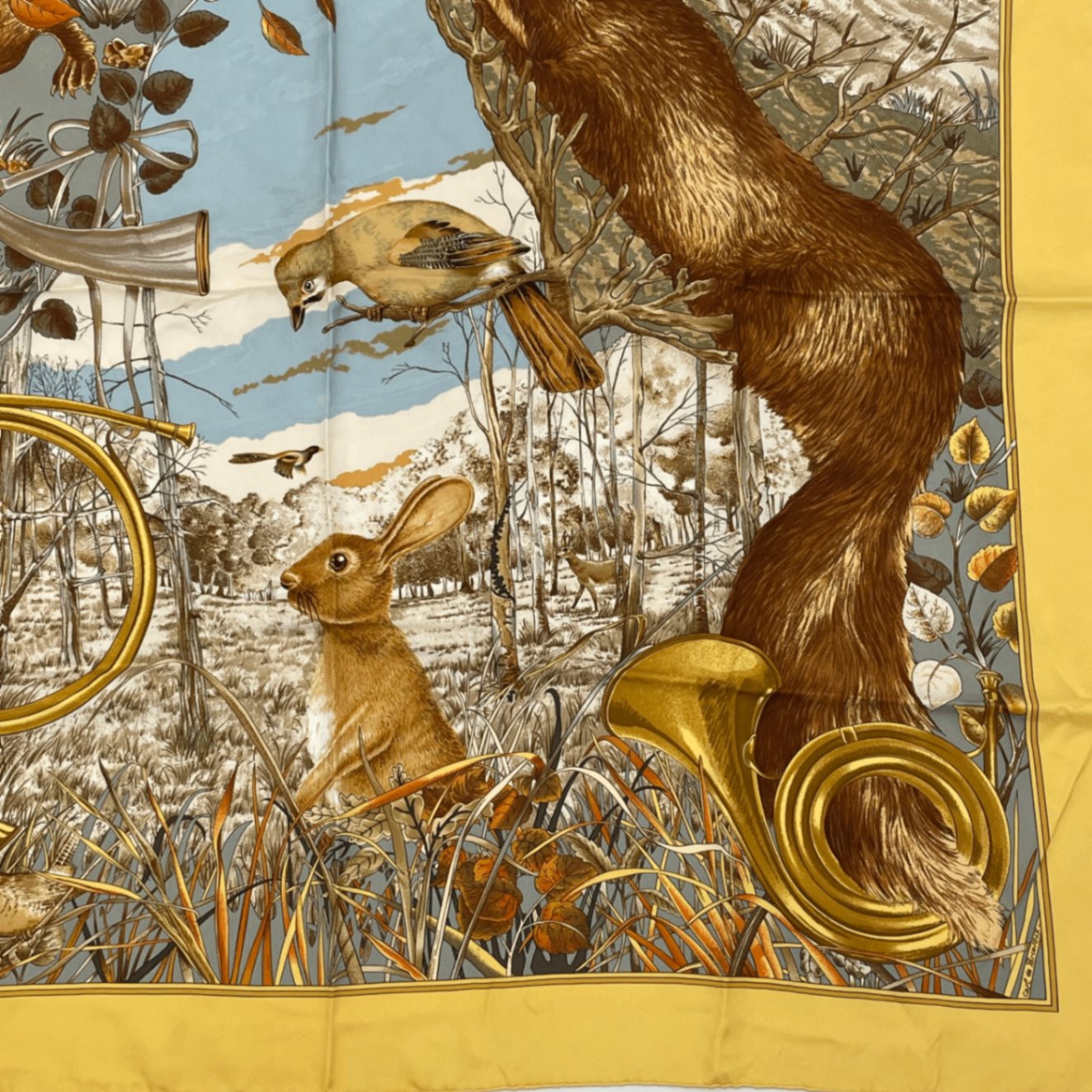 Hermes Carre 90 Chasse Au Bois Forest Hunting Yellow Scarf Silk
