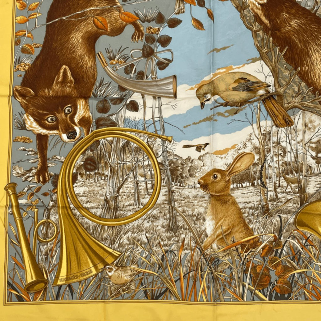 Hermes Carre 90 Chasse Au Bois Forest Hunting Yellow Scarf Silk