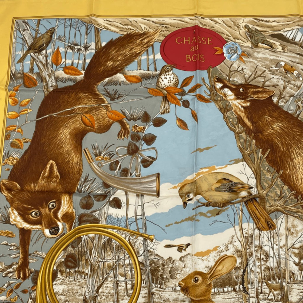 Hermes Carre 90 Chasse Au Bois Forest Hunting Yellow Scarf Silk