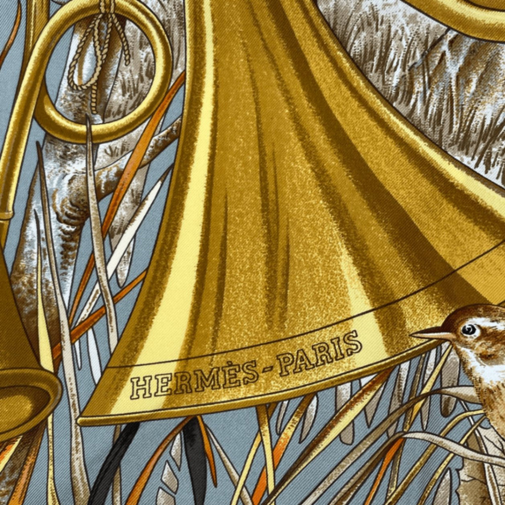 Hermes Carre 90 Chasse Au Bois Forest Hunting Yellow Scarf Silk