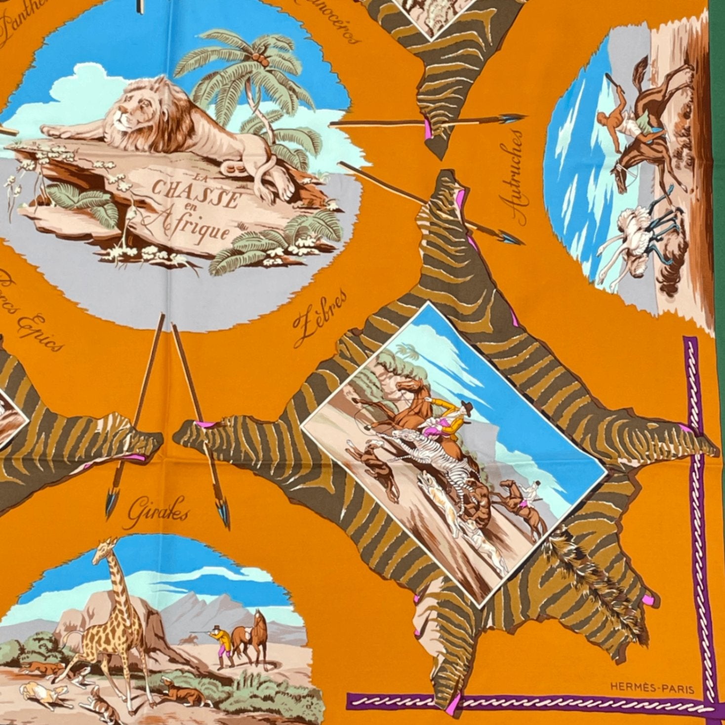 Hermes Carre 90 Scarf Silk la Chasse En Afrique African Hunt Green