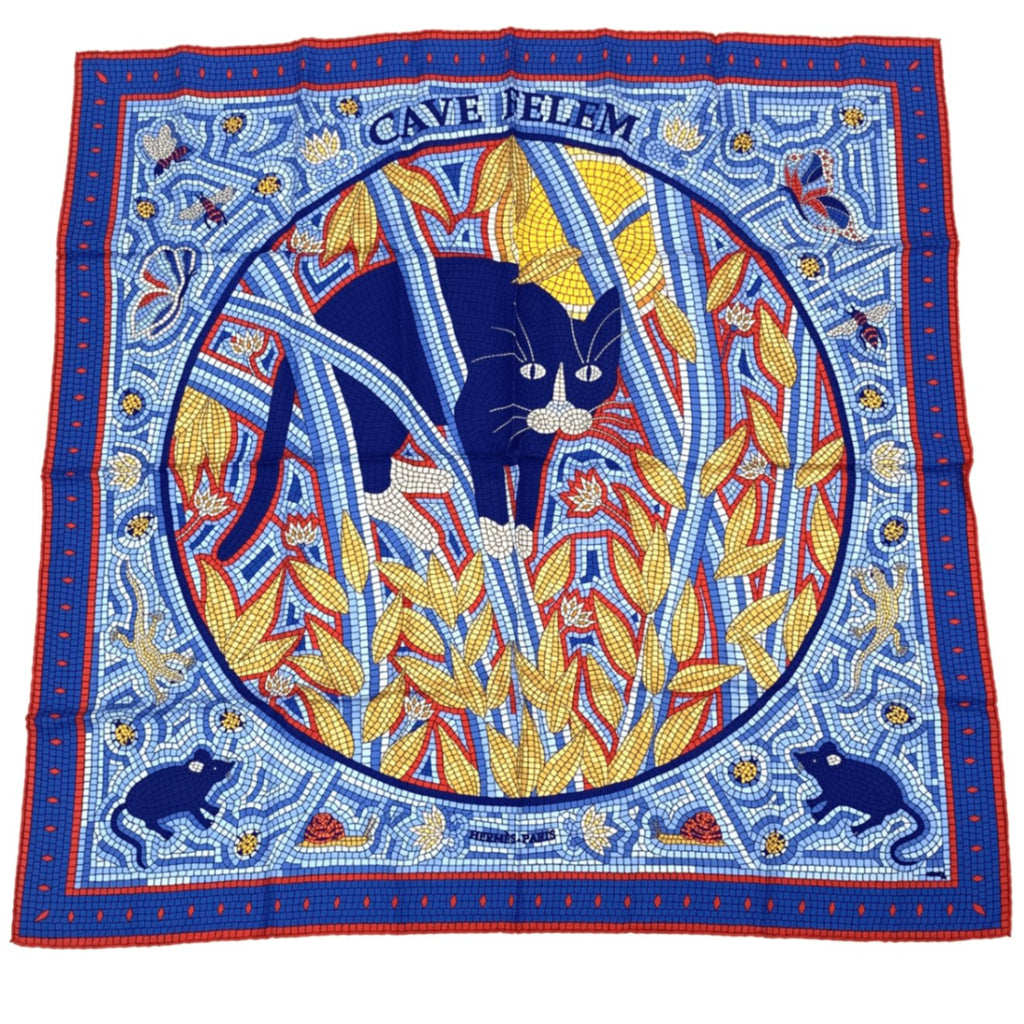 Hermes Carre 90 Cave Felem Beware Of Cats Scarf Silk 100% Multicolor