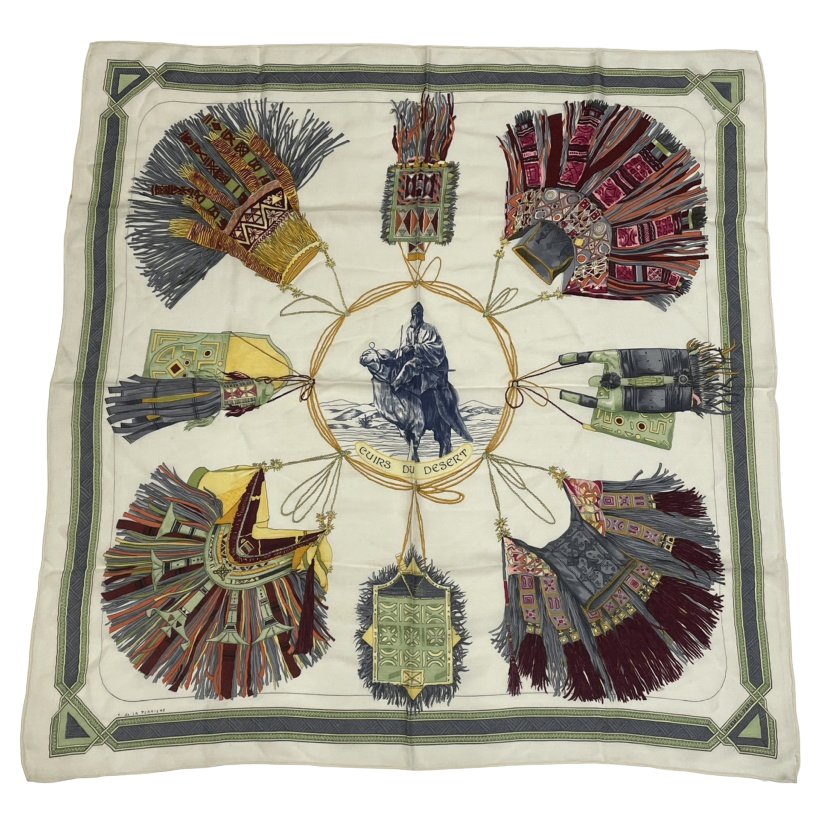 Hermes Carre 90 Cuirs du Desert Leather Ornament Silk Scarf White