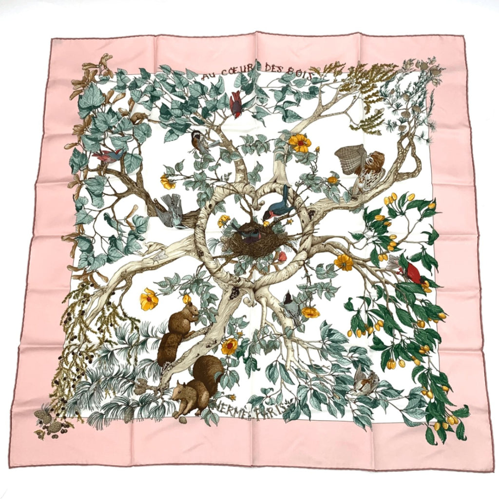 Hermes Carre 90 Coeur Des Bois In The Forest Pink Silk 100% Scarf