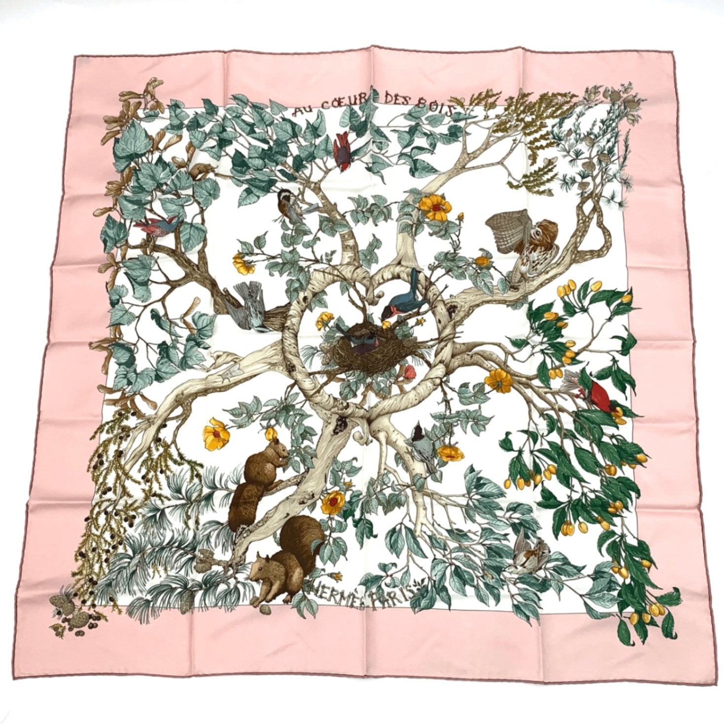 Hermes Carre 90 Coeur Des Bois In The Forest Pink Silk 100% Scarf