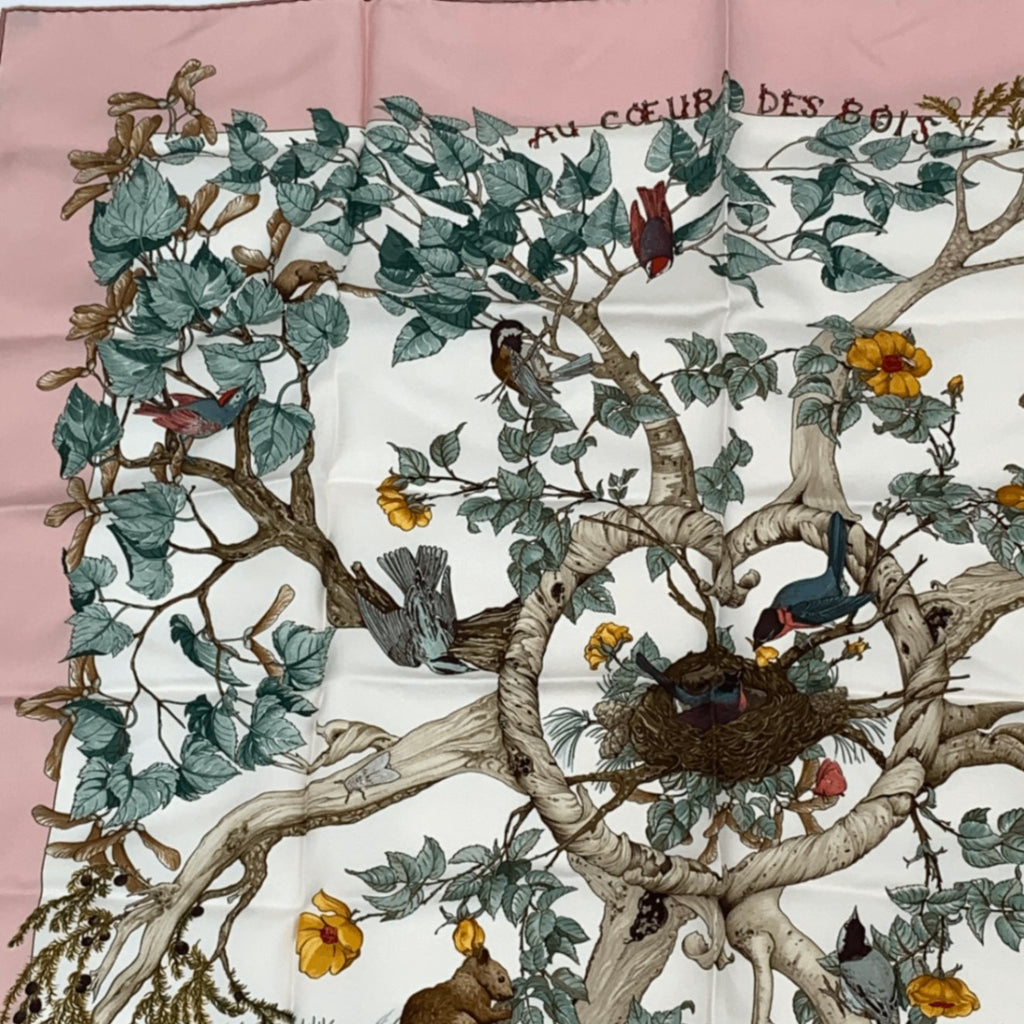 Hermes Carre 90 Coeur Des Bois In The Forest Pink Silk 100% Scarf