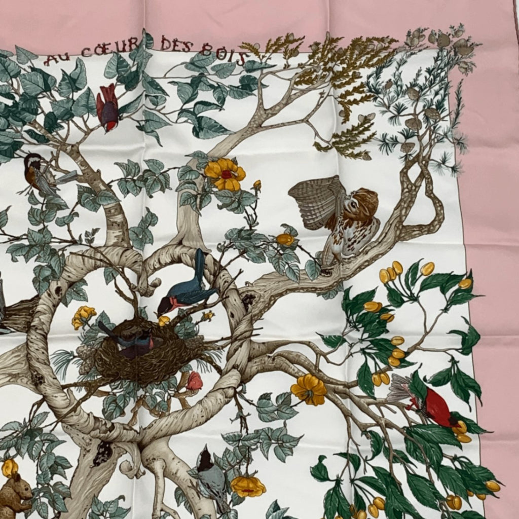 Hermes Carre 90 Coeur Des Bois In The Forest Pink Silk 100% Scarf