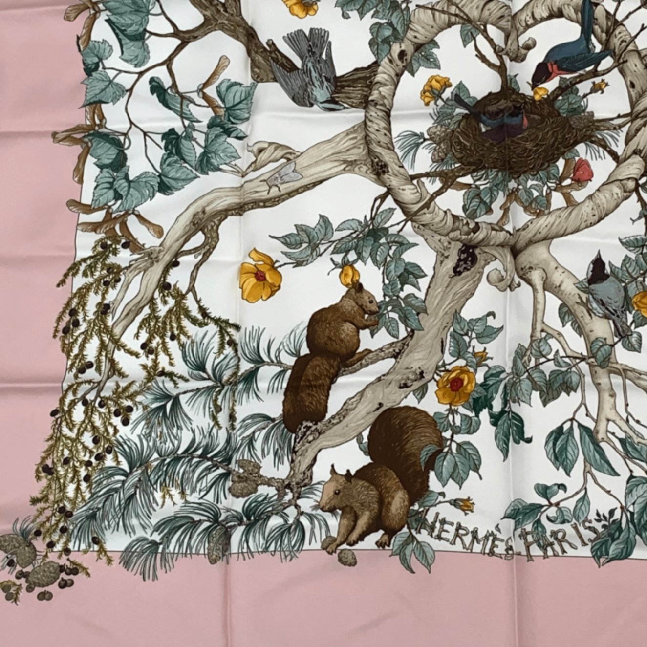 Hermes Carre 90 Coeur Des Bois In The Forest Pink Silk 100% Scarf