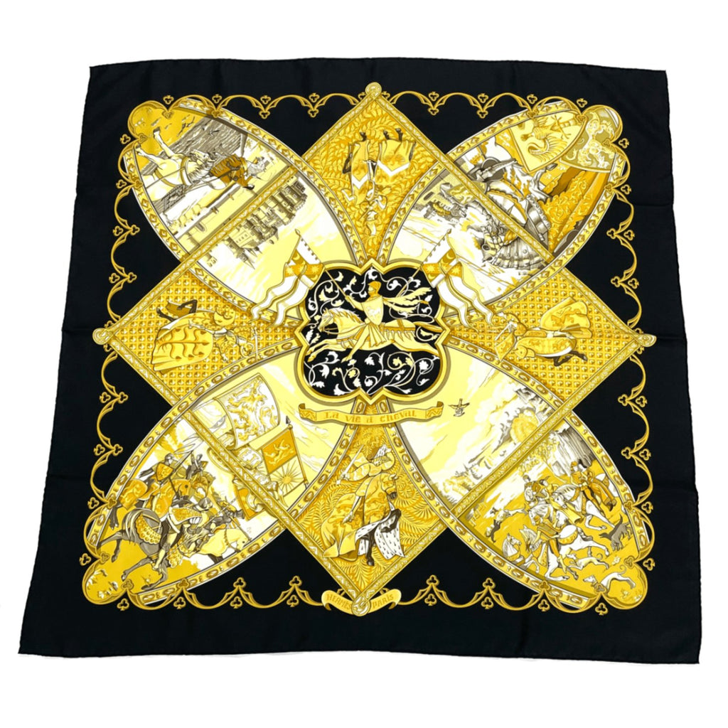 Hermes Scarf Carre 90 Scene With Horses la Vie A Cheval Gold Black