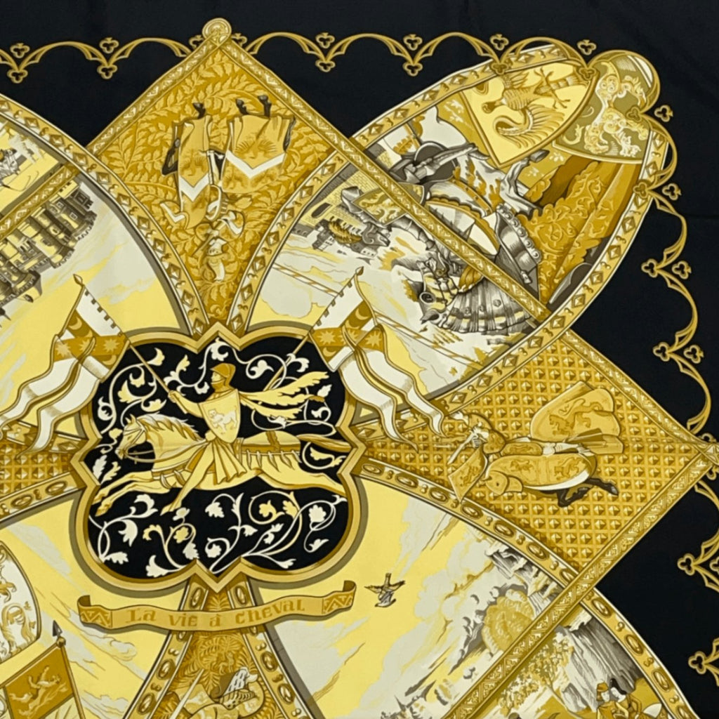 Hermes Scarf Carre 90 Scene With Horses la Vie A Cheval Gold Black